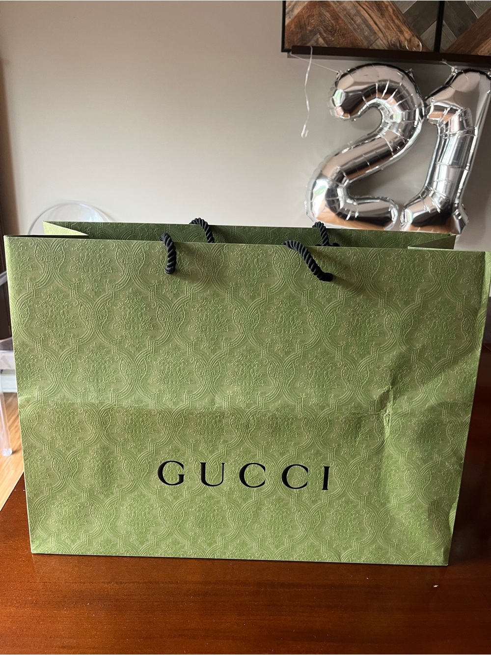 Gucci Olive Green Embossed Logo Shopping Bag with Black Rope Handles